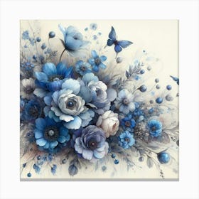 Blue Flowers With Butterflies Canvas Print