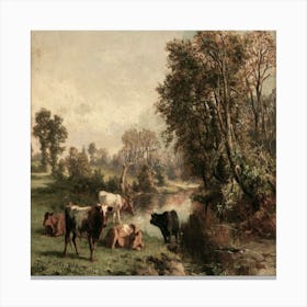 Cows By A Stream Canvas Print