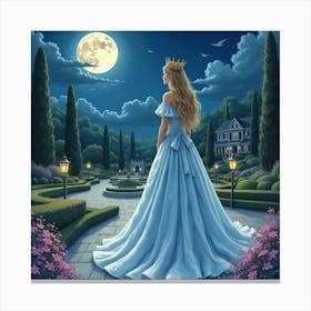 Royal Lady In A Watercolor Moonlit Palace Garden 1 Canvas Print