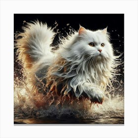 White Cat Running In Water Canvas Print