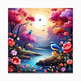 A Bright Toned Design With Flowers And Leaves Trees And Birds A Beautiful And Simple Picture Birds And Flowers Canvas Print