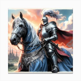 Knight In Silver Armor On His Decorated Horse Color Drawing 1 Canvas Print