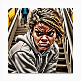 Angry Girl On Escalator Canvas Print