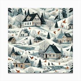 Winter Village Among The Hills With Red Birds Canvas Print