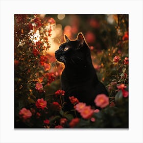 Black Cat in a Floral Sunset Garden 5 Canvas Print