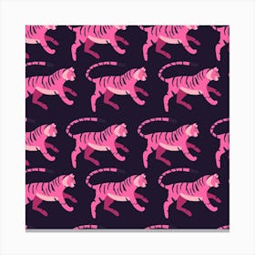 Pink Tiger Pattern On Dark Purple Square Canvas Print