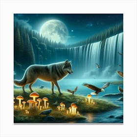 Wolf on the Mushroom Riverbank with Eagle Canvas Print