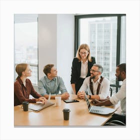 A diverse and dynamic group of professionals engaged in a collaborative meeting or brainstorming session in a modern office setting. This type of image is commonly used for corporate communications, presentations, and marketing materials, highlighting teamwork and productivity in the workplace. Canvas Print