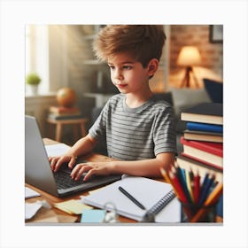 Boy Working On Laptop At Home 1 Canvas Print