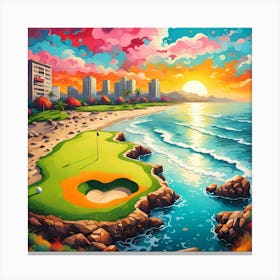 Golf Hole By The Beach Basking In Sunlit Splendor 1 Canvas Print
