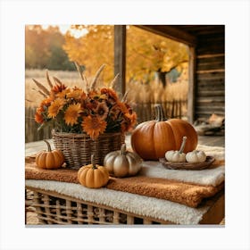 Autumn Flowers And Pumpkins Canvas Print