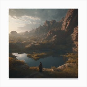 Man Standing By A Lake Canvas Print