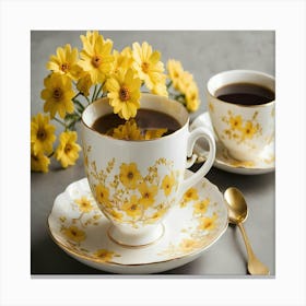 Cup Of Coffee With Yellow Flowers Canvas Print