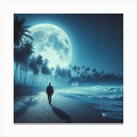 Man Walking On Beach At Night Canvas Print