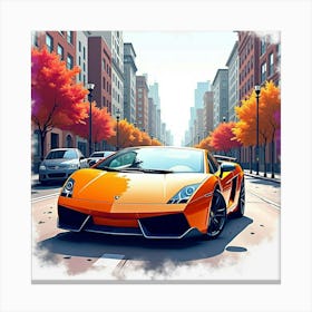 Lamborghini Gallardo With A Watercolor Vibrant Cityscape 1 Canvas Print