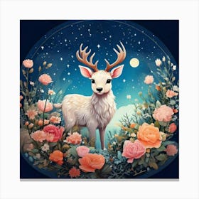 Firefly Charming, Cute, Reindeer, Baby, Winter, Meadow, Starry, Night, Round, Background, Peonies, S (3) Canvas Print