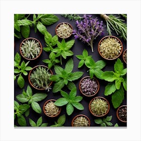 Top View Of Herbs On Black Background 2 Canvas Print