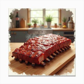 Watercolor Art Of A Tender And Juicy Bbq Ribs On A Cozy Kitchen Table Canvas Print