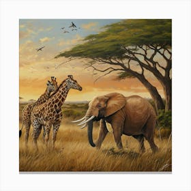 Giraffes And Elephants Canvas Print