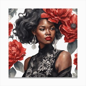 Black Woman With Red Flowers Canvas Print