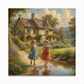 Two Girls Walking By A Stream Canvas Print