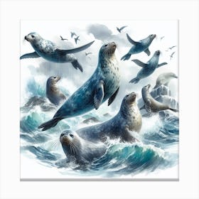 Sea Seals In Motion, Sea Seals Watercolour Art Print 4 Canvas Print
