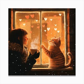 Cat and Person Sharing Hot Cocoa Artwork 10 Canvas Print