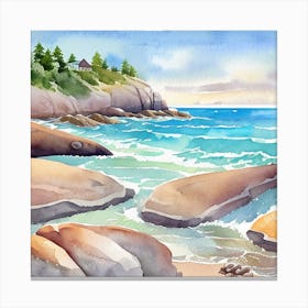 Watercolor Of Rocky Shore Canvas Print