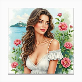 A Lovely Greek Woman In Watercolor, Framed By The Beauty Of A Blooming Island Garden 1 Canvas Print