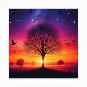 Sunset Tree With Birds Canvas Print