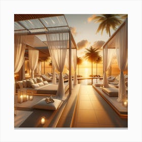 A Luxurious Beach Resort Scene At Sunset, Capturing The Essence Of Elegance And Serenity Canvas Print