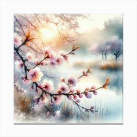 Cherry Blossom Close-Up: Misty Morning Magic Over a Fall Pond - Watercolor by Alison Brady in Soft Pastel Colors with Sunlit SAI Reflections. Canvas Print