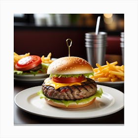 Hamburger And Fries In A Restaurant Canvas Print