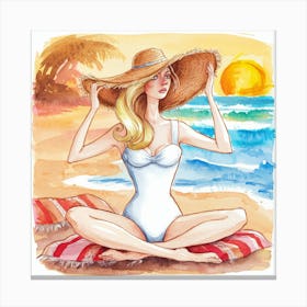 Watercolor Of A Woman On The Beach Canvas Print