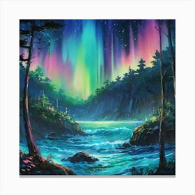 Enchanted Northern Lights Over Serene Forest River at Twilight Canvas Print