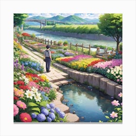 A Man Walks In A Flower Garden and Seeing a River  Canvas Print