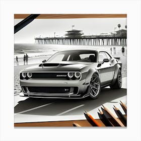 A Pencil Drawing Of A Dodge Hellcat At A Beach Front 2 Canvas Print