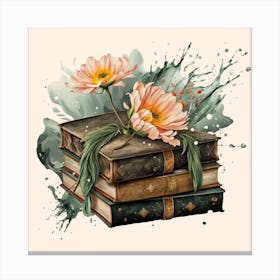 Best books and flowers on watercolor background 5 Canvas Print