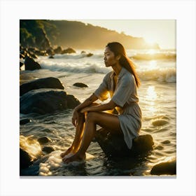 Asian Woman Sitting On Rocks At Sunset Canvas Print