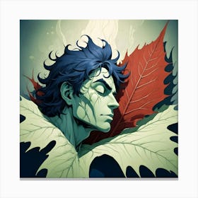 Fantasy Male Portrait With Blue Hair And Leaves, Ethereal Lighting Canvas Print