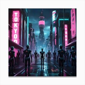 A Gritty, Dystopian Cyberpunk Digital Art Scene Set In A Futuristic Tokyo Cityscape Populated With Humanoid Androids 3 Canvas Print