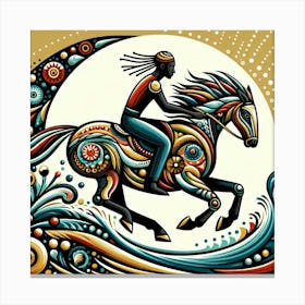 A Guy Riding A Beautiful Horse Fast Around A Curve Folk Art Stlye 2 Canvas Print