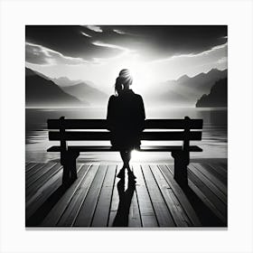 Photo Of A Black And White Picture Of A Person Facing The Sunset From A Bench 1 Canvas Print