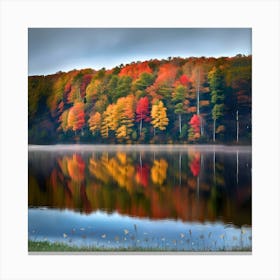 Fall Foliage- reflection of beautiful pine colorful trees in lake watercolor and beauty natural art with blue sky. Canvas Print