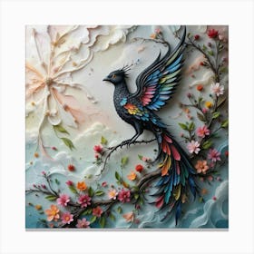 A dark fantasy bird majestically perched on a branch, its delicate wings intricately crafted from layered paper, shimmering with a mesmerizing dance of dark and colorful hues Canvas Print