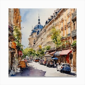 Watercolor painting of a Paris town street with buildings and spring trees Canvas Print