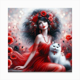 Red Poppy Girl With Cat Canvas Print