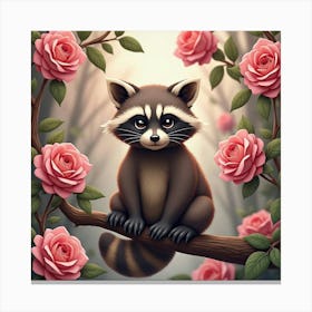 A Playful Raccoon Sitting On A Tree Branch, Surrounded By Oversized Pink Roses Canvas Print