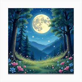 Moonlit Glade With Sparkling Fireflies, Watercolor 1 Canvas Print