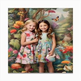 Two Girls In Floral Dresses Canvas Print